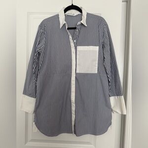 Comtemporaine Simons Striped Button-Up Shirt with Contrast Pocket - Size Medium